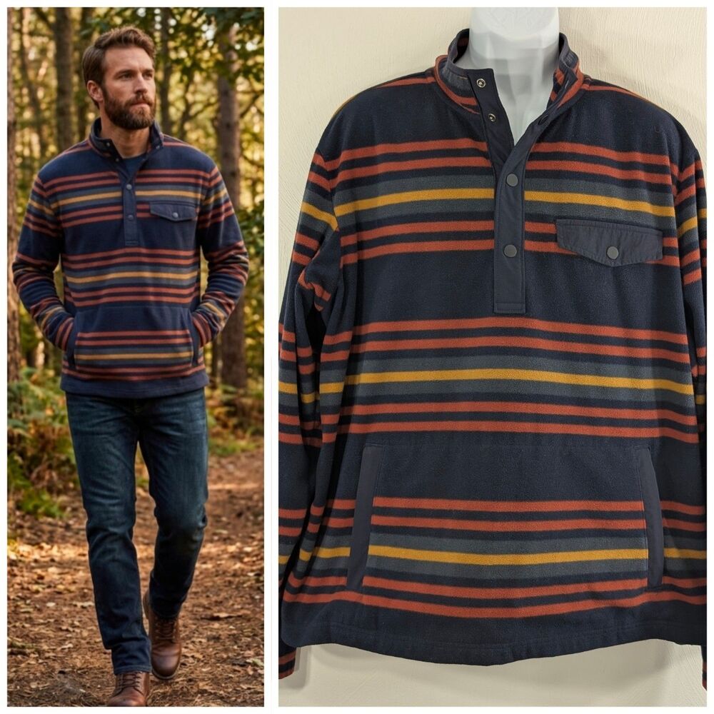 Vintage Duluth Trading Mens XL Top Striped 1/4 Snap Fleece Fall Favorite Pockets